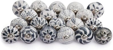 Grey and White Ceramic Door Knobs, Set of 20 Flower Design Premium Quality Assorted Designs Handmade Vintage, Shabby Chic, Interior Furniture, Cabinet Cupboard Wardrobe Drawers Pulls