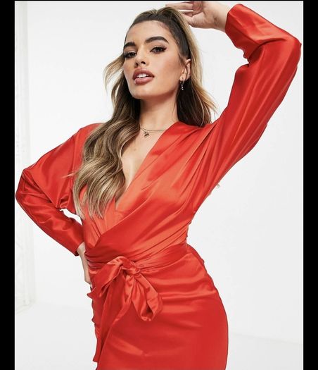 Asos Satin Wrap Waist Midi Dress Red