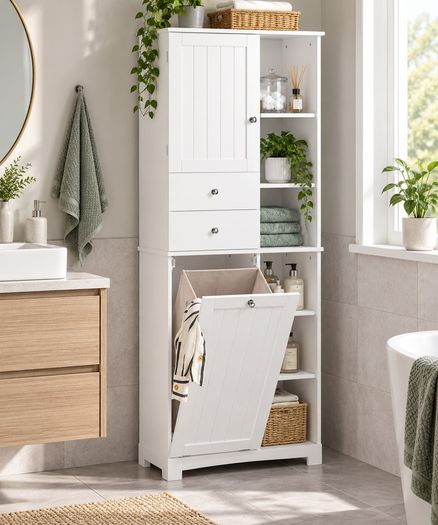 Tall Bathroom Storage Cabinet with Laundry Basket 6 Shelves 2 Drawers White 171cm