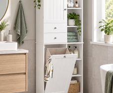 Tall Bathroom Storage Cabinet with Laundry Basket 6 Shelves 2 Drawers White 171cm