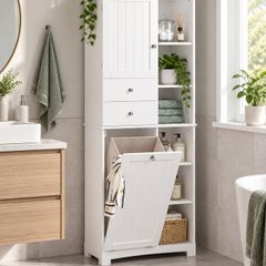 Tall Bathroom Storage Cabinet with Laundry Basket 6 Shelves 2 Drawers White 171cm