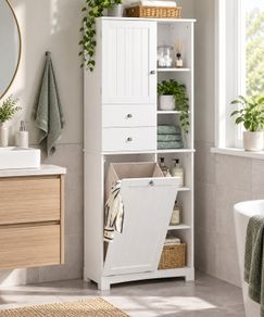 Tall Bathroom Storage Cabinet with Laundry Basket 6 Shelves 2 Drawers White 171cm