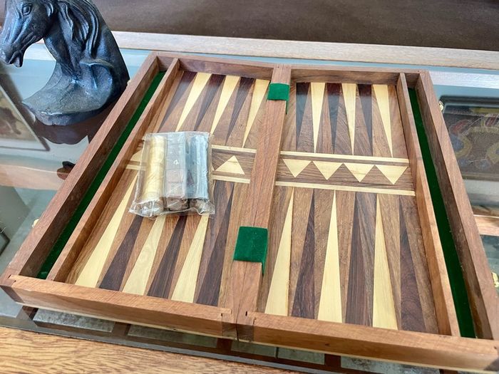 Vintage Marquetry Inlaid Folding Wooden Chess Board Chess Pieces Dice and Counters