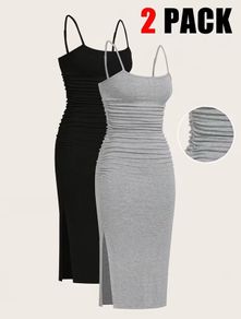 2pcs Women'S Summer Slim-Fitting Suspender Skirt Slit Casual Mid-Length Dress