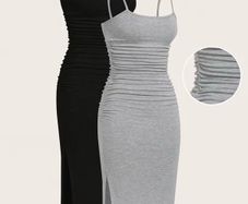 2pcs Women'S Summer Slim-Fitting Suspender Skirt Slit Casual Mid-Length Dress