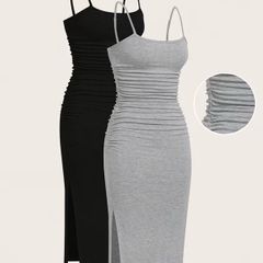 2pcs Women'S Summer Slim-Fitting Suspender Skirt Slit Casual Mid-Length Dress