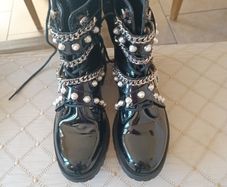 Biker boots chains pearls buckle UK 5 38 bloggers shoes lined warm & waterproof