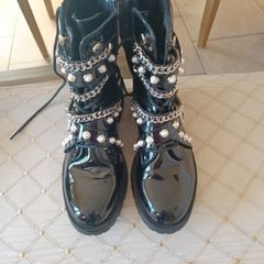 Biker boots chains pearls buckle UK 5 38 bloggers shoes lined warm & waterproof