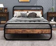 Double Bed Metal Platform Bed Frame with Wood Headboard/Mattress Base/Metal Slat Support/Black and Brown