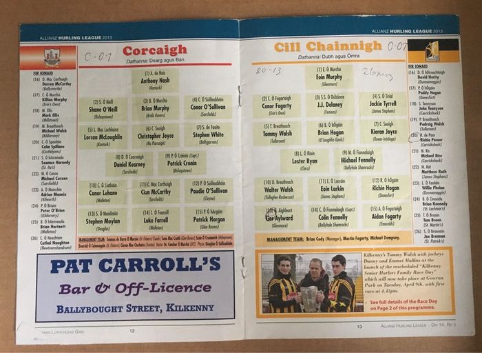 31st March 2013. GAA (Hurling) Programme. Kilkenny V Cork @ Nolan Park
