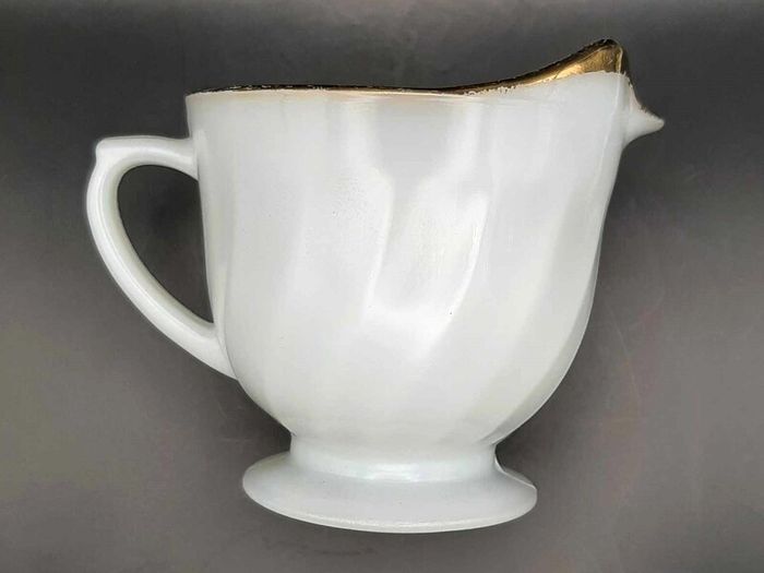 PRICE DROP ... Vintage Fire King White Swirl Creamer, Sugar Bowl and Cake Plate Set with Gold Trim, Opaque White Milk Glass. 1950s