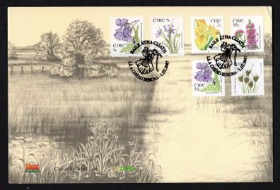 2007 Ireland Irish Wild Flowers Sixth Definitive Stamps (3c Yellow Flag, 55c Large-flowered butterwort, 78c black bog-rush, 95c Purple Loosestrife & "N" self-adhesive Large-flowered butterwort & Blue-eyed-grass) An Post First Day Cover (FDC)
