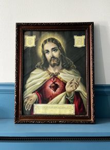 Antique Sacred Heart of Jesus Chromolithograph Framed c.1930s