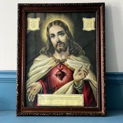 Antique Sacred Heart of Jesus Chromolithograph Framed c.1930s