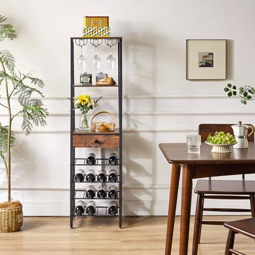Wine Rack Freestanding Floor, Bar Cabinet,Coffee Bar Cabinet 4-Tier Wood bar Cabinet,Glass Holder and Storage Drawer for Home Bar Kitchen Living Room,Brown