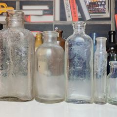 162 - Set of 5 Vintage Clear Glass Decorative Collectible Cork Top Bottles