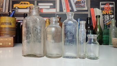 162 - Set of 5 Vintage Clear Glass Decorative Collectible Cork Top Bottles