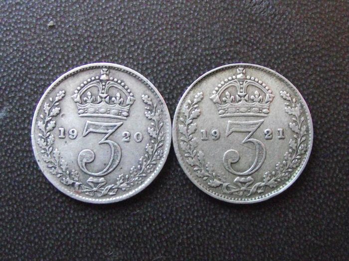 Great Britain. George V. 2 Silver coins@3p (1920+1921)