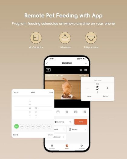 Automatic Cat Feeder with Camera, 3MP HD Video with Night Vision, 5G/2.4G WiFi Cat Feeder with APP Control, 2-Way Audio, Low Food Sensor, Motion Alerts for Cats and Dogs