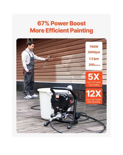 VEVOR Stand Airless Paint Sprayer, 750W 3000PSI High Efficiency Electric Airless Sprayer, Fine And Even Painting Effect, Handheld Paint Sprayers for Home Interior and Exterior Furniture and Fences