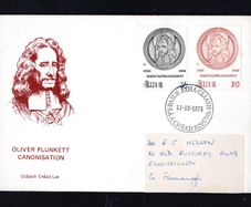 1975 Ireland Canonisation of Blessed Oliver Plunkett Commemorative Stamps Post and Telegraph First Day Cover (FDC) with Baile Atha Cliath (Dublin) cancel