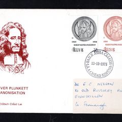 1975 Ireland Canonisation of Blessed Oliver Plunkett Commemorative Stamps Post and Telegraph First Day Cover (FDC) with Baile Atha Cliath (Dublin) cancel