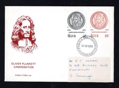 1975 Ireland Canonisation of Blessed Oliver Plunkett Commemorative Stamps Post and Telegraph First Day Cover (FDC) with Baile Atha Cliath (Dublin) cancel