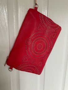 Never used  Red/ dark orange colour with gold beads and silver glitter details