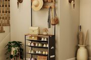 Coat Rack with Shoe Storage, Hall Tree with Tiltable Mesh Shelves, 4 Removable Hooks, Side Storage Pocket, Shoe and Coat Rack for Hallway, Living Room, Rustic Brown