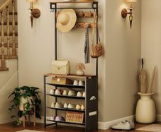 Coat Rack with Shoe Storage, Hall Tree with Tiltable Mesh Shelves, 4 Removable Hooks, Side Storage Pocket, Shoe and Coat Rack for Hallway, Living Room, Rustic Brown