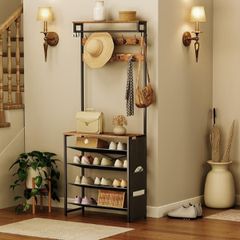Coat Rack with Shoe Storage, Hall Tree with Tiltable Mesh Shelves, 4 Removable Hooks, Side Storage Pocket, Shoe and Coat Rack for Hallway, Living Room, Rustic Brown