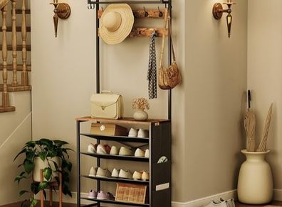 Coat Rack with Shoe Storage, Hall Tree with Tiltable Mesh Shelves, 4 Removable Hooks, Side Storage Pocket, Shoe and Coat Rack for Hallway, Living Room, Rustic Brown