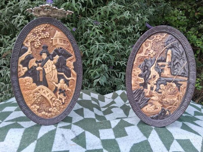 2 X 15 Inch Bretby Pottery Art Deco Japanese Wall Plaques