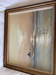 Beautiful Framed Seaside Painting Calm Coastal Scene