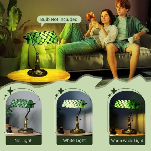 Stained Glass Table Lamp, Vintage Lamp with Green Handmade Shade, Metal Base, Antique Bedside Lamp for Bedroom Living Room Home Decoration