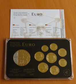 Belgium 24k Gold gilt euro coins set & Rhodium gilt Atomium Brussels medal limited edition