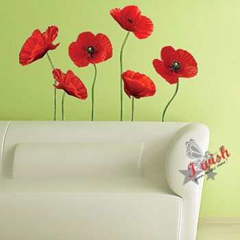 Red Poppy Flowers Removable Wall Stickers Nice Home Decor 