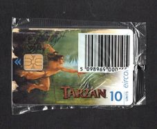 1999 Ireland 10 unit Disney's Tarzan film Private Card (Axalto/Gemalto (Gemplus) AX01) Call Card Mint in packaging. Telecom Eireann card number 1261.