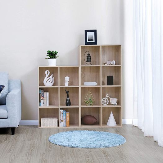 _Wooden Bookcase, 4 Tier Shelf, 8 Compartments, Wardrobe, Closet, Home, Office, Light Oak Colour