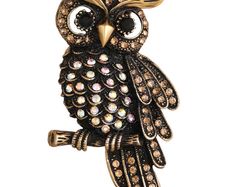 Brand New Antique Gold Finish Vintage Owl-Shaped Crystal Brooch / Lapel Pin for Men and Women