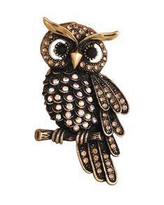 Brand New Antique Gold Finish Vintage Owl-Shaped Crystal Brooch / Lapel Pin for Men and Women