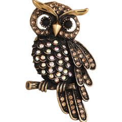 Brand New Antique Gold Finish Vintage Owl-Shaped Crystal Brooch / Lapel Pin for Men and Women