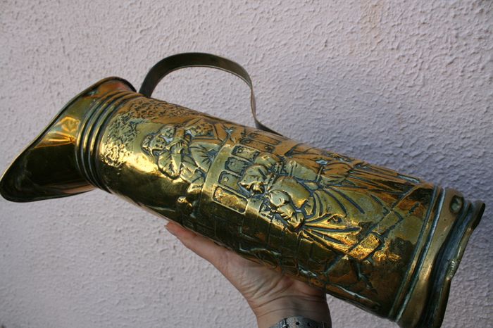 Vintage Embossed Brass Vase Pitcher, Embossed Belgium Brass Vase Jug 13,3"