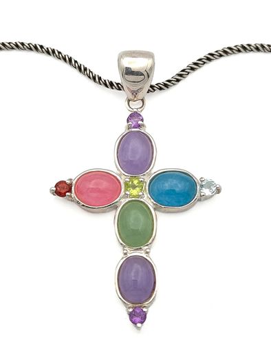 Vintage 925 Sterling Silver Multi Gemstone Cross Necklace