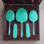 Vintage Art Deco 5 piece silver plated & light green guilloche enamel dressing table set, cased Image 2