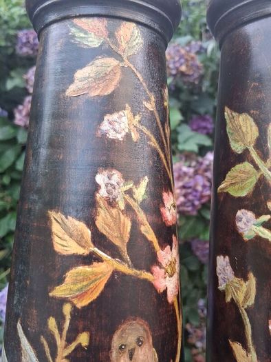 Stunning Pair Of Hand Painted Art Nouveau Hardwood  Candlesticks 12"