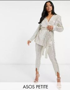 NEW, Asos Petite Champagne Sequin Jersey Wrap Blazer Jacket - Size 10