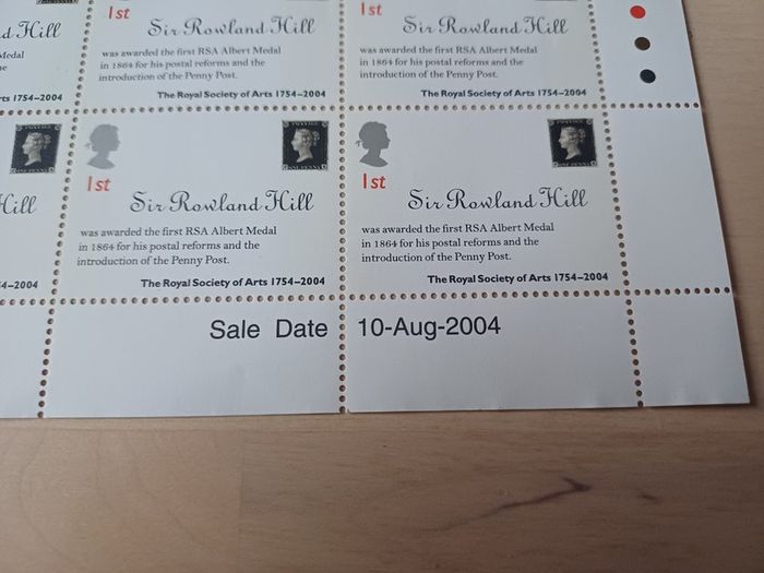 BRITISH 1st Class Stamps (Sheet of 25, Sir Rowland Hill, Royal Society of Arts 2004)