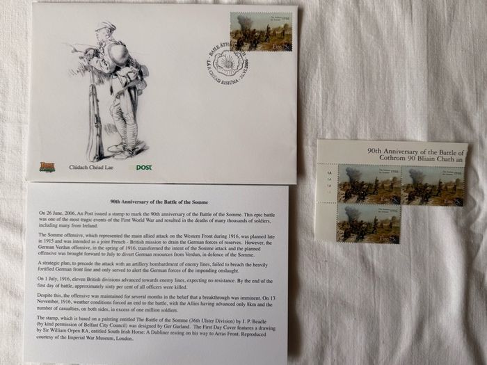 First day cover letter and MNH 90th anniversary of The Battle of The Somme stamps