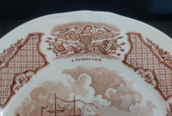 Vintage Set of Six Brown and White Fair Winds, Historical Scenes of Chinese Export to America - "The George Washington at Anchor" Salad Plates by Alfred Meakin